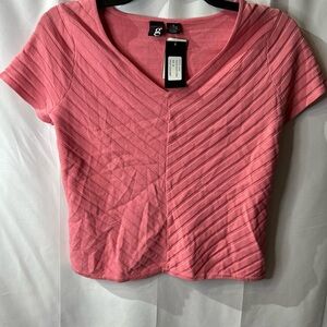 Essentials Pink Ribbed V-Neck Short Sleeve Top
